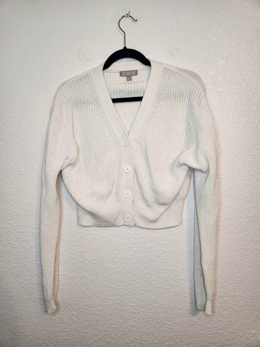J. CREW Cotton Cropped V-Neck Cardigan Sweater Ivory Sz L